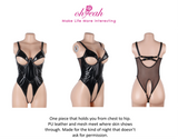 Black PU Leather Mesh Bodysuit for Women Hollow Out Open Crotch Teddy Lingerie Push Up One Piece Jumpsuit Underwear as Outerwear