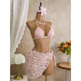 With Sarong Halter Printed Bikini Women Swimwear Female Swimsuit Padded Bather Bathing Suit Swim Three-pieces Bikini set K8073