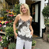 Women Solid Color Lace Trim Satin Camisole V Neck Spaghetti Strap Backless Asymmetrical Tops Trendy Summer Streetwear