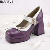 Purple Women Pumps Square Toe 9cm For Women Mary Janes Lolita Block Heel Platform Bowknot Princess Leather Shoes Big Size 34-48