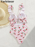 S - XL Cherry Printed Plaid Cut Out One Piece Swimsuit Women Swimwear Female Frilled High Leg Cut Bather Bathing Suit Swim V7557