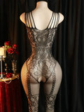 Sheer Floral Jacquard Fishnet Bodysuits - High Stretch, Open Chest, Women Sexy Lingerie Crotchless Bodystockings Babydoll Dress