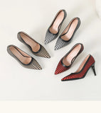 Women 8CM Pointed Toe High Heels Slip on Stiletto Pumps Dress Party OL Office Classic Stripes Single Shoes Gold Silver New 2026