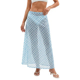 Women Summer Long Chiffon Skirts Stripe Print Sheer Mesh A-Line Skirt for Beach Vacation Streetwear
