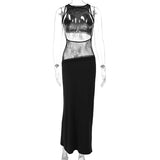 Woman's Elegant Sleeveless Lace Patchwork Evening Dress Black High Street O-neck Backless Hollow Out Slim Long Party Dresses