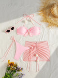 DEKA Solid 3 piece Swimsuit Women Pink Lace-up Sexy Bikini Split Swimsuit