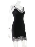 Ahagaga Sexy Women's Mini Dress Straps Patchwork Lace Sheath Sleepwear Sleeveless Nightgown Camisole Basic Female Vestidos Slim