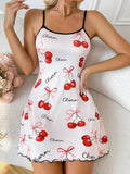 Valentine's Day Cherry Printed Slip Nightdress Women Sexy Sleepwear Straps Sleep Mini Dress Nighties Nightgown Loungewear