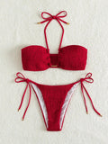 Halter Tie Side Pleated Smocked Bikini Women Bandeau Swimsuit Female Swimwear Two Pieces Bikini Set Bathing Suit Swim Beach Wear
