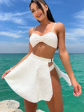 Sexy White Black 3 Piece Bikinis Sets Women Front Bow Push Up Split Mesh Skirt Swimsuit 2026 Beach Bathing Suit Thong Swimwear