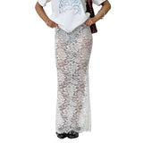 Summer Women's Sheer Floral Lace Elegant Skirt Elastic Waist See Through Sexy Long Skirt for Party Beach Streetwear