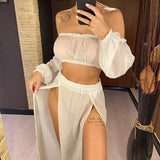 2026 Leopard Off Shoulder Long Sleeve 2 Pieces Set Beach Cover Up Cover-ups Beach Dress Beach Wear Beachwear Female Women V3728
