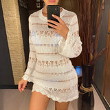S - XL Long Sleeve Hollow Out Crochet Knitted Tunic Beach Cover Up Cover-ups Beach Dress Beach Wear Beachwear Female Women K5542