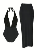 2026 Halter One Piece Swimsuit & Beach Skirt Sexy Backless Swimwear Women Bathing Swimming Swim Suit Female Summer Beachwear
