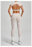 Yoga Set Women's Tracksuit Short Sleeve Back Hollow Out Sports Top Athletic Wear Tight High Waist Pocket Leggings Fitness Suits