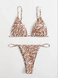 Women's Zebra Stripe Print Bikini Set Casual Sexy Backless Tie Swimwear Top Beach Vacation Two-Piece Swimsuit