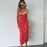 Ahagaga Fashion Women's Polka Dot Dresses Lace Patchwork Camisole Slit Slim Fit Sexy Female Casual Outfit Summer Beach Vestidos