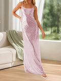 Women Shiny Sequins Dress Summer Draped Backless Spaghetti Strap Party Dress for Vacation Cocktail Beach Streetwear