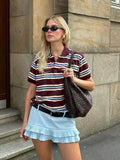 Foridol Burgundy Striped Casual Women T-shirt Summer Loose Polo Shirts Buttons New Female Tops Blouse White Tops Spring Shirt