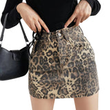 Womens Leopard Print Denim Mini Skirt High Waist Bodycon Pencil Skirts Sexy Slim Fit Hip Wrapped Night Club Skirts Streetwear