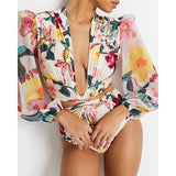 One Piece Swimsuit Sexy Long Sleeve Tropical Print Swimwear Women Bandage Monokini Hollow Out Bathing Suit String Beachwear 2023