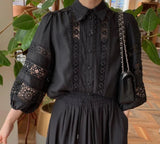 2026 French Retro Heavy Shirt Skirt Hollow Lace Balloon Sleeve Shirt + High Waist Belted Skirt Fashion Suit for Women