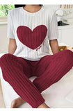 Autumn Winter Round Neck Short Sleeve Long Pants with Ribbed Stripes and Letter Heart Print Women's Pajamas Home Wear