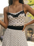 Women Fashion Dot Print Lace Patchwork Crop Tops Summer Slim Camisole Spaghetti Strap Mesh Tank Tops Streetwear