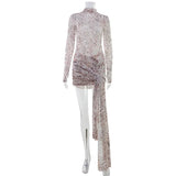 Ahagaga Sexy Sheer Women'Mini Dresses Turtleneck Print Regular Long Sleeves Ribbon Sheath Bodycon Casual Streetwear Female Robe