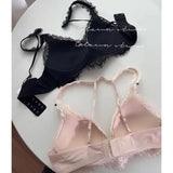 Elegant French Halter Neck Bra Set, Lace Wireless Bralette for Small Bust, Push Up Sensual Underwear Bralette & Panty MOYISU Bra
