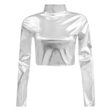 Women Metallic Long Sleeve Crop Tops Shiny Stretch Mock Neck T Shirt Dance Clubwear Ladies Slim Fit Blouses Gold Silver Costumes