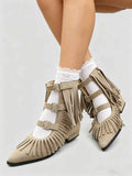 Women's Vintage Fringe Summer Ankle Boots Bohemian Buckle Straps Pointed Toe Ethnic Tassel Hollow Out Western Cowgirls Shoes