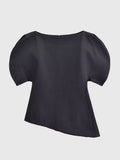 Women's Fashion Casual Short Sleeve Top Women Solid Black Boat Neck Puff Sleeve Hem Top Slim Fit Casual Blouse For Party 0PX4