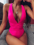 4 Colors One-Piece Swimsuit Swimwear Women Solid Sexy Deep V-neck Bathing Suit Beachwear High Elastic Straps Maio Feminino Praia