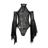 Women Mesh Sheer Bodysuits Flare Long Sleeve Cold Shoulder Spider Web Bodycon Body Tops Halloween Party Gothic Clubwear