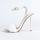 White Fluffy Open-toe High-heeled Sandals, Comfortable Square-toe Rhinestone-laced Stiletto Heels for Women