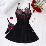 Black Red Rose Floral Embroidery Mesh Babydoll Lingerie Set Underwire Nightgown With Matching Thong Women Sleepwear ZA825127