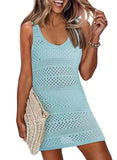 Summer Vest Beach Dresses Women Solid Color Hollow Out Knitted Beachwear Fashion Casual Lady Vacation Mini Dress Female 2025 New