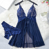 Transparent Blue Lingerie Women Underwear Sleepwear Lace Nightdress And Panties Pijamas Set Female Nighty
