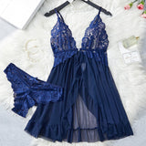 Transparent Blue Sexy Lingerie Women Underwear See Through Sleepwear Lace Nightdress And Panties Pijamas Set Adult Female Nighty