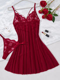 Wine Red Daisy Floral Lace Sheer Mesh Babydoll Lingerie Set Slip Nightdress With Matching Thong Women Sexy Sleepwear ZA825096