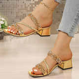 Luxury Gold Thick Heeled Sandals Women Summer Plus Size Square Toe Crystal Sandles Woman Fashion Slip On High Heel Party Shoes