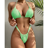PU Pleated Ruched Bikinis Mini Micro Thong Bikini Women Swimwear Female Swimsuit Two-pieces Bikini Set Halter Bathing Suit Swim