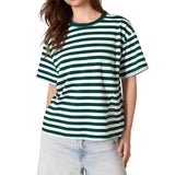 Striped Print Summer T-shirt for Women Loose Casual Contrast Short Sleeve Round Neck Basic Tops