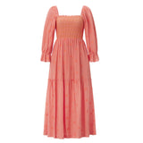 Women Spring Fall Long Dress Long Sleeve Dress Square Neck Embroidery Flower Loose Swing Dress Wit Pocket