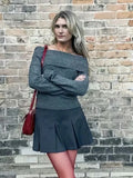 Foridol Slash Neck Dark Grey Mohair Women Sweater Pullover Femme Casual Loose Trendy Style Autumn Winter Knitted Pullover
