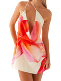 Women Spaghetti Straps Backless Asymmetric Flower Print Mini Dresses Summer Sexy Party Club Slip Dress