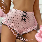 Women Cute Mini Pajama Bottoms Summer Elegant Dots Print Bow Slim Fit Ruffled Shorts for Party Romantic Nights Wear