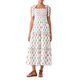 Flower Print Tie Strap Swing Dress Women A-Line Square Neck Tiered Ruffled Summer Bohemian Beach Long Tank Dress