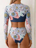 Vintage Black Floral Print Bikini Set 2026 Women Long Sleeve O Neck Top High Waist Swimsuit Beach Holiday Bathing Suit Swimwear